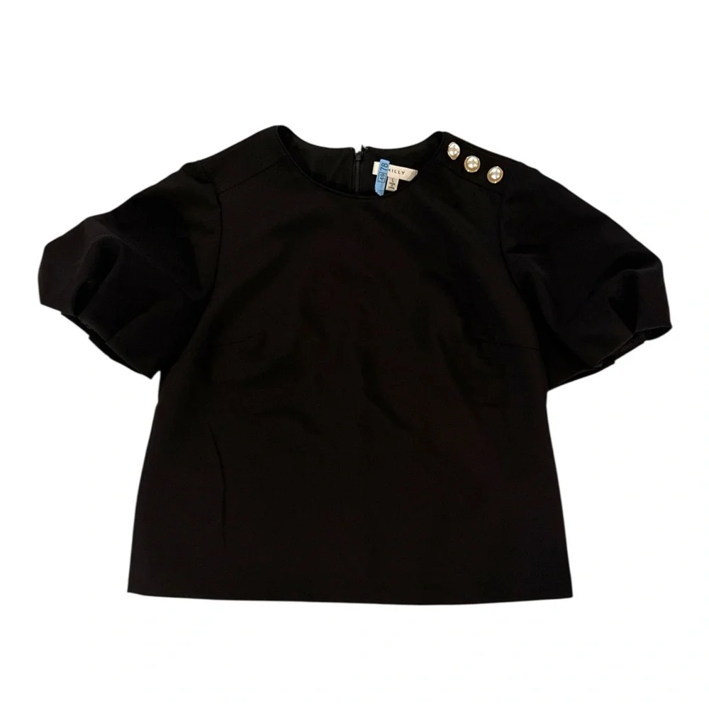 Milly Black Puff Sleeve Blouse with Button‎ Accents - Picture 3 of 6